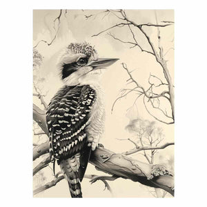 Black and white kookaburra branch artwork for office wall decor.