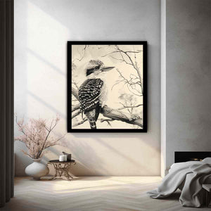 Black and white kookaburra branch artwork for office wall decor.