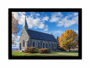 Stone church landscape canvas art with autumn trees for living room decor.