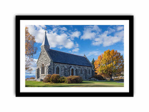 Stone church landscape canvas art with autumn trees for living room decor.