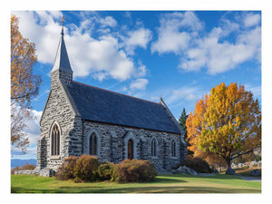 Stone church landscape canvas art with autumn trees for living room decor.