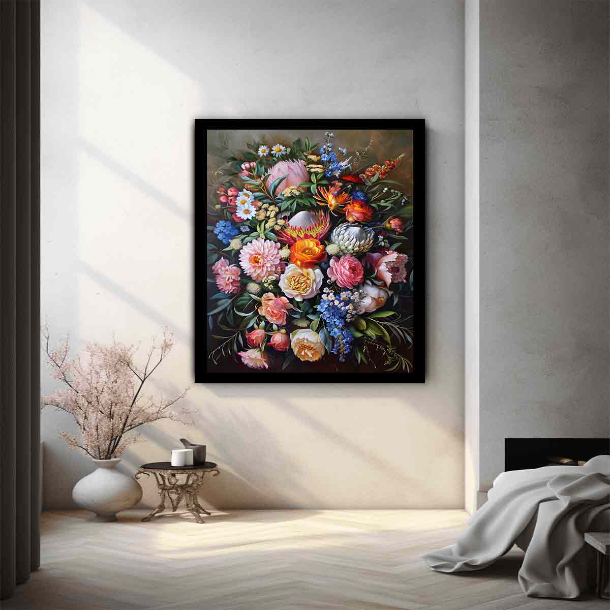 Luxury floral still life canvas print with protea flowers for elegant decor.