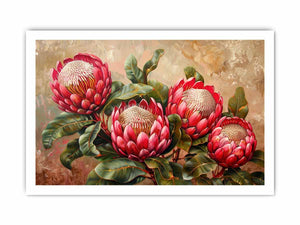 Pink protea floral canvas art with green leaves for living room decor.