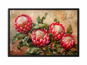 Pink protea floral canvas art with green leaves for living room decor.