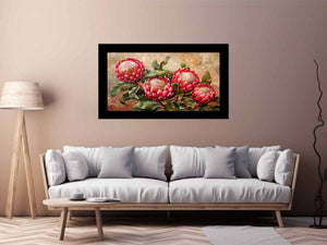 Pink protea floral canvas art with green leaves for living room decor.