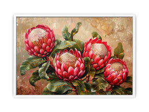Pink protea floral canvas art with green leaves for living room decor.