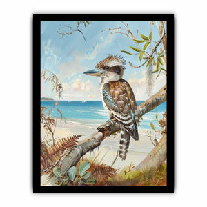 Vertical kookaburra beach canvas art for coastal home and hallway decor.