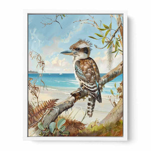 Vertical kookaburra beach canvas art for coastal home and hallway decor.