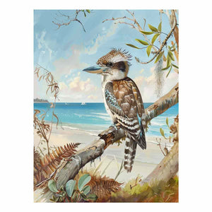 Vertical kookaburra beach canvas art for coastal home and hallway decor.
