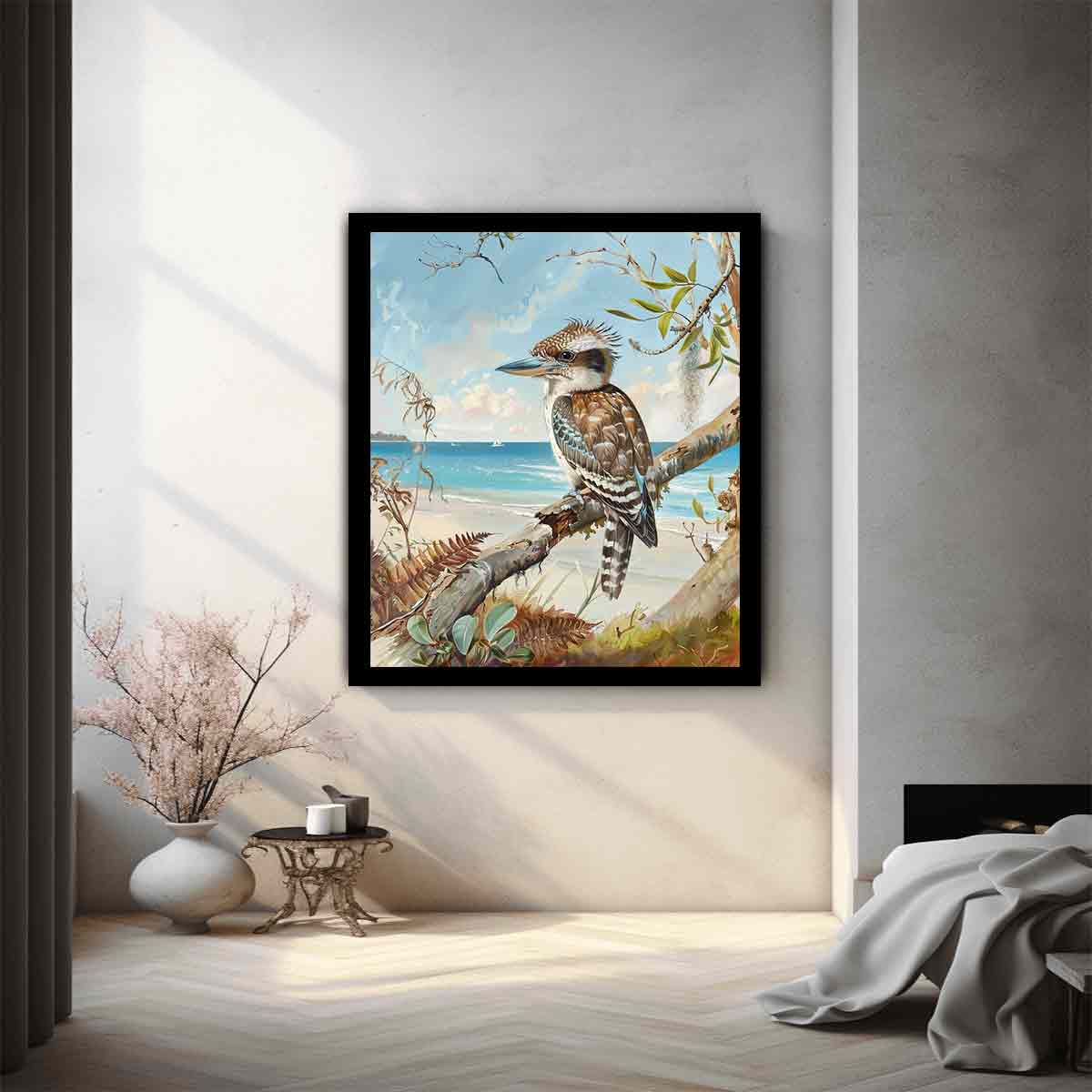 Vertical kookaburra beach canvas art for coastal home and hallway decor.