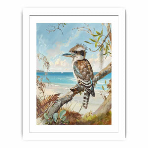 Vertical kookaburra beach canvas art for coastal home and hallway decor.