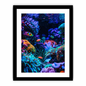 Vertical neon reef fish canvas art for bold modern office or bedroom decor.