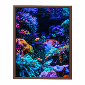 Vertical neon reef fish canvas art for bold modern office or bedroom decor.