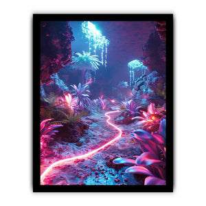 Vertical glowing cave garden canvas art for modern fantasy room decor.