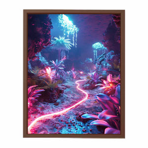 Vertical glowing cave garden canvas art for modern fantasy room decor.