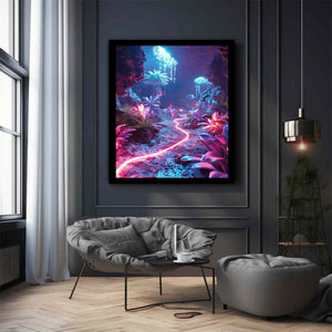 Vertical glowing cave garden canvas art for modern fantasy room decor.