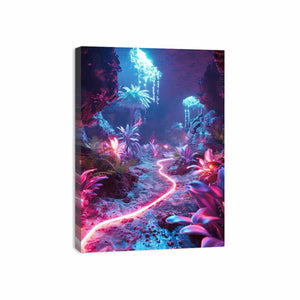 Vertical glowing cave garden canvas art for modern fantasy room decor.