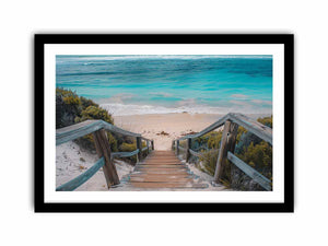 Horizontal turquoise beach stairs canvas print for relaxed coastal home decor.