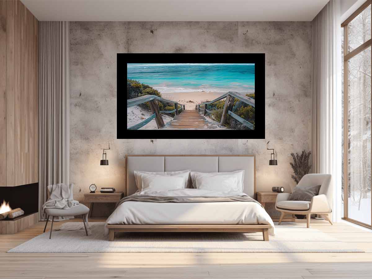 Horizontal turquoise beach stairs canvas print for relaxed coastal home decor.