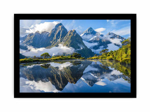 Scenic mountain lake reflection canvas art for modern living room decor.