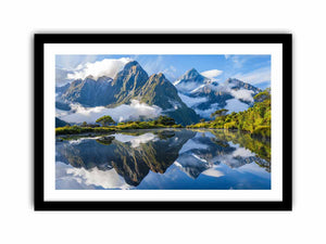 Scenic mountain lake reflection canvas art for modern living room decor.