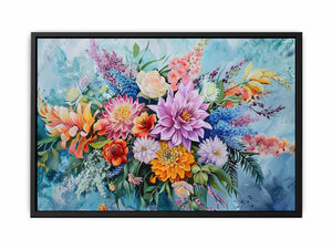 Bright aqua floral bouquet canvas art for modern bedroom and living room decor.