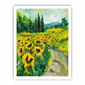 Bold sunflower field canvas painting for rustic modern kitchen or dining room decor.