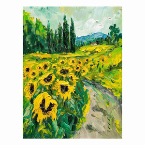Bold sunflower field canvas painting for rustic modern kitchen or dining room decor.