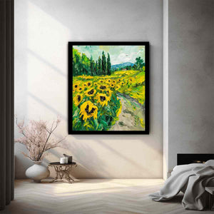 Bold sunflower field canvas painting for rustic modern kitchen or dining room decor.