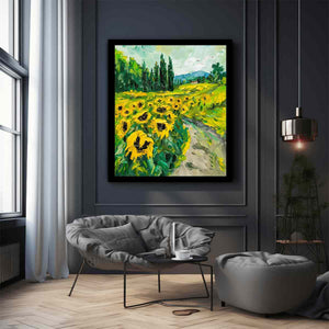 Bold sunflower field canvas painting for rustic modern kitchen or dining room decor.