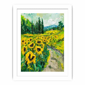 Bold sunflower field canvas painting for rustic modern kitchen or dining room decor.