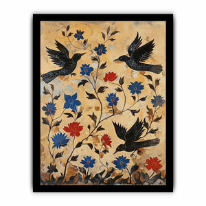 Vintage black bird botanical canvas art for eclectic hallway or entryway decor.