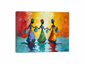 Colorful figurative women canvas art for bold modern living room decor.