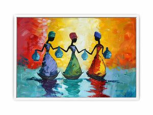 Colorful figurative women canvas art for bold modern living room decor.