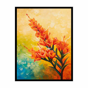 Bright orange botanical flower canvas art for colorful modern living room decor.
