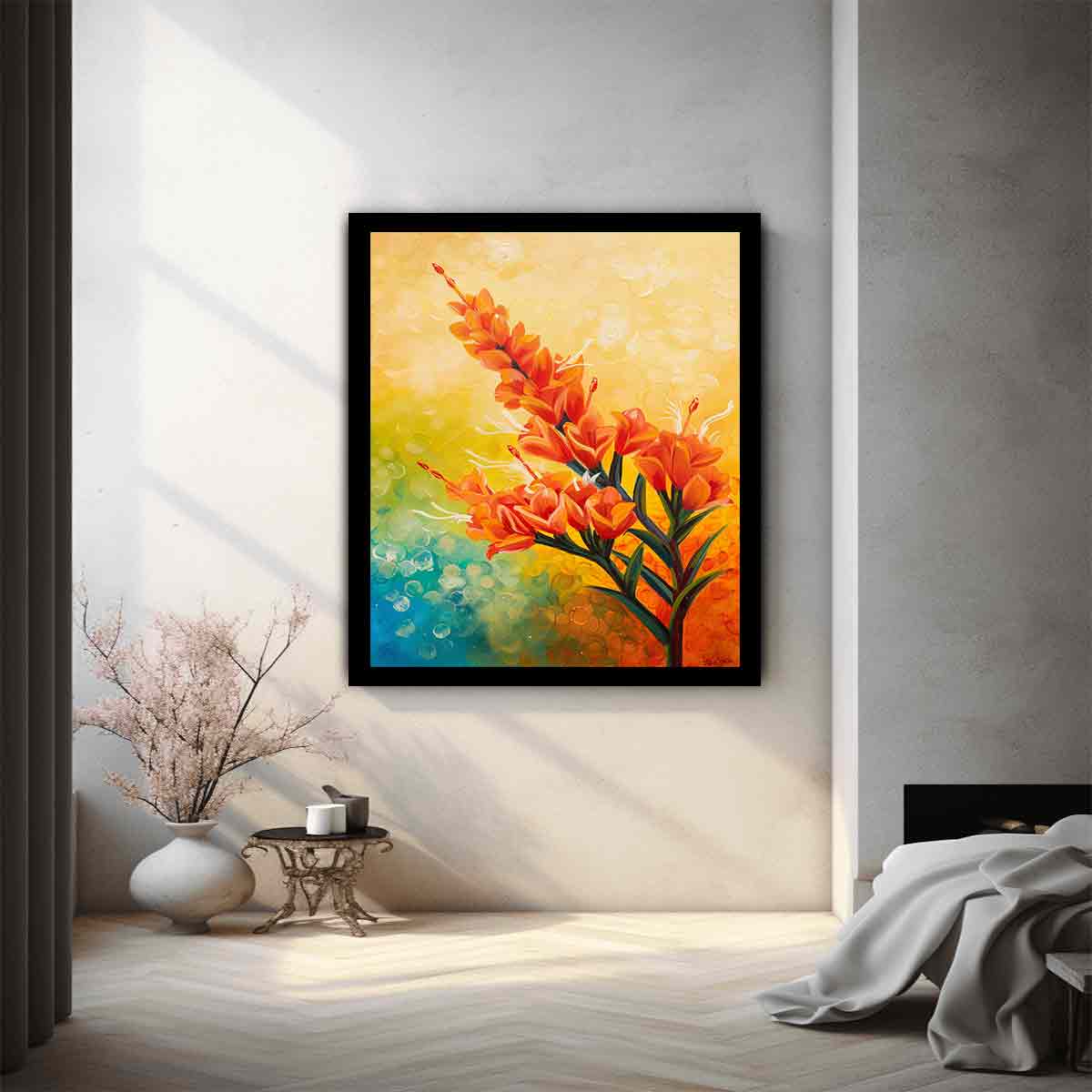 Bright orange botanical flower canvas art for colorful modern living room decor.