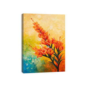 Bright orange botanical flower canvas art for colorful modern living room decor.
