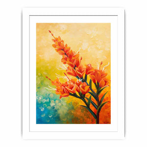 Bright orange botanical flower canvas art for colorful modern living room decor.