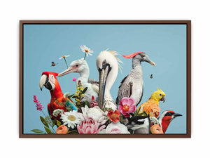 Colorful bird and floral canvas art for bright modern living room decor.