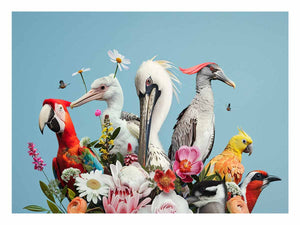 Colorful bird and floral canvas art for bright modern living room decor.