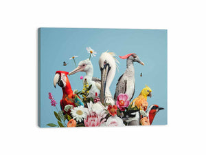 Colorful bird and floral canvas art for bright modern living room decor.