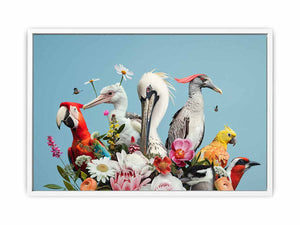 Colorful bird and floral canvas art for bright modern living room decor.