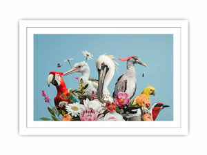 Colorful bird and floral canvas art for bright modern living room decor.