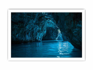 Blue cave water canvas art for serene coastal living room decor.