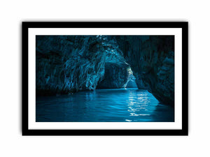 Blue cave water canvas art for serene coastal living room decor.