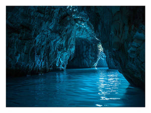 Blue cave water canvas art for serene coastal living room decor.
