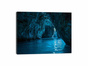 Blue cave water canvas art for serene coastal living room decor.