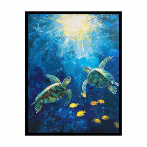 Colorful sea turtles canvas art with yellow fish for coastal decor.