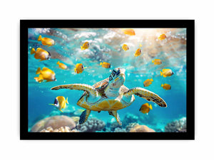 Sea turtle and yellow fish canvas art for bright coastal living room decor.
