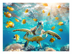 Sea turtle and yellow fish canvas art for bright coastal living room decor.